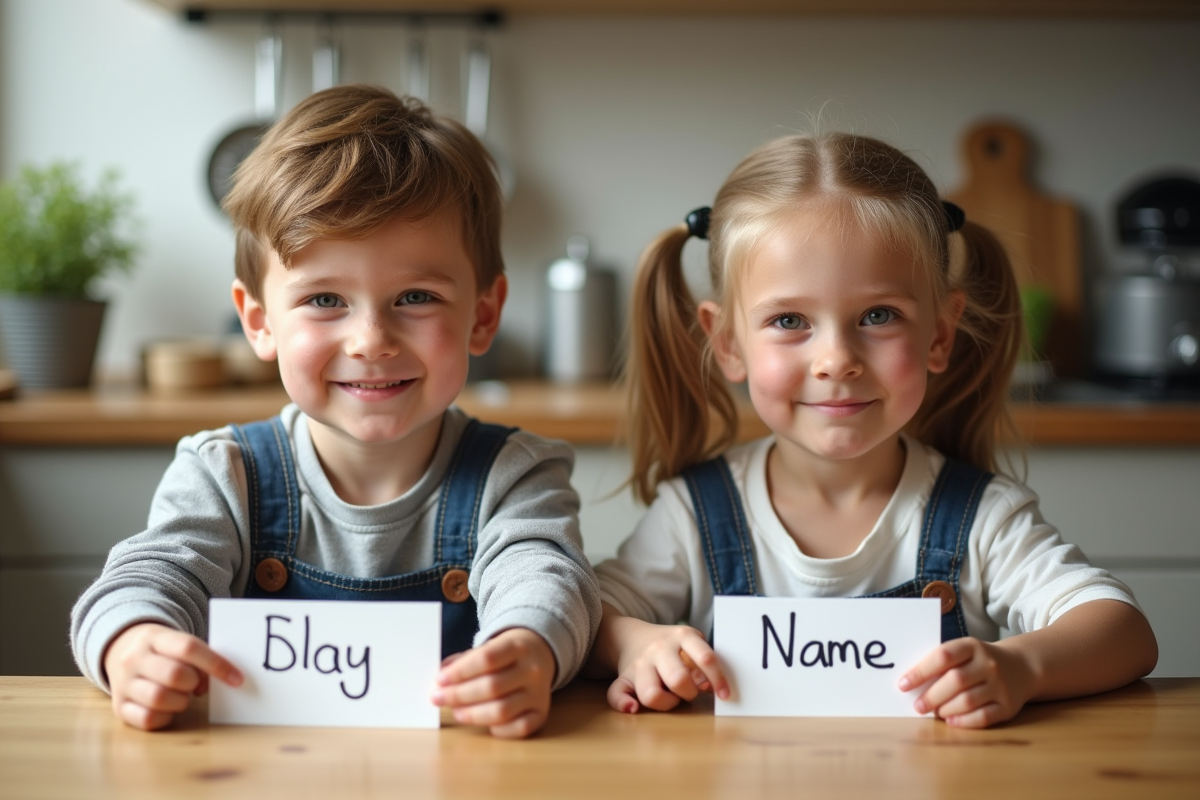 Jumeaux enfants assis à la cuisine lumineuse