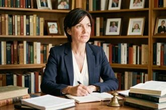 Femme journaliste française assise à son bureau d'écrivain entouré de livres, portrait intimiste en intérieur