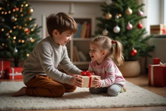 Garçon souriant offrant un cadeau à sa sœur dans le salon