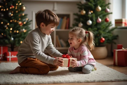 Garçon souriant offrant un cadeau à sa sœur dans le salon