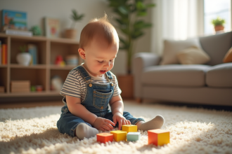 Garçon de 18 mois jouant avec des blocs en bois dans un salon chaleureux