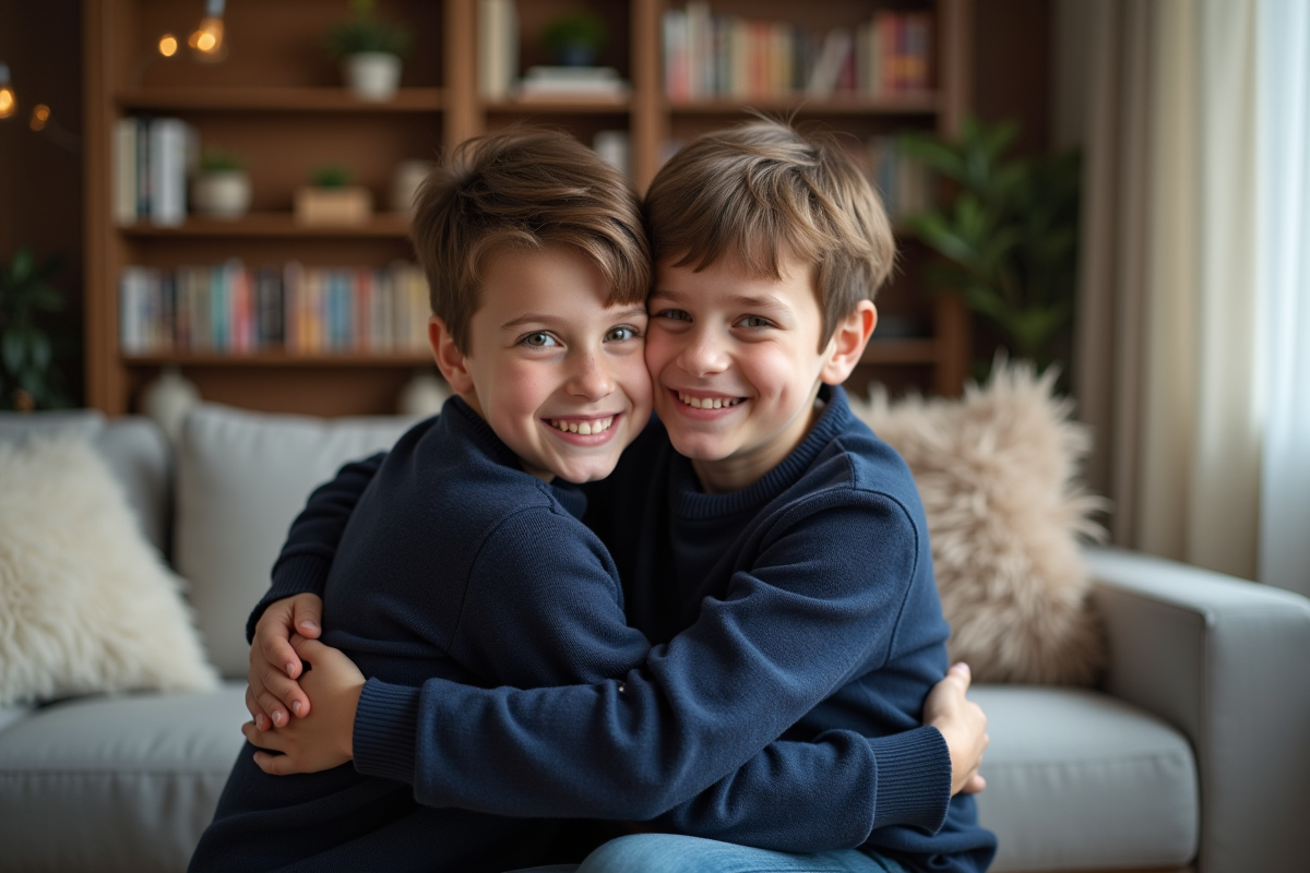 Jeune garçon avec sa mère dans un salon chaleureux