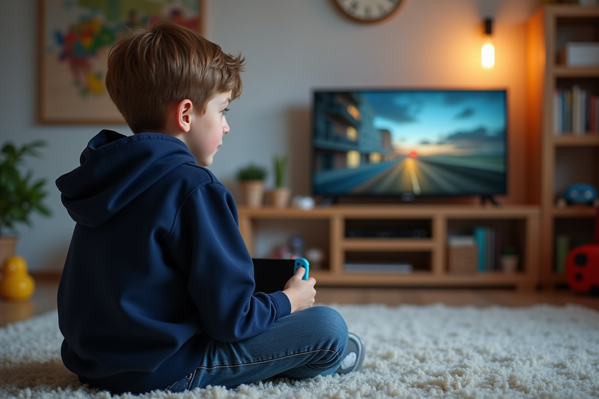 Garçon de 12 ans jouant à la Switch dans un salon cosy