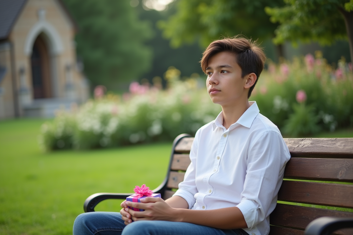 Adolescent assis sur un banc de parc avec un cadeau d anniversaire