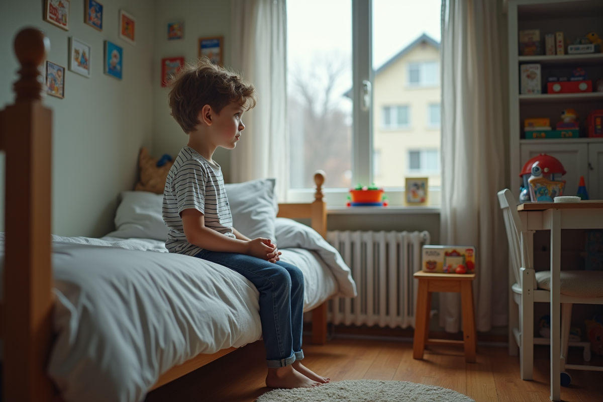 Garçon assis sur son lit dans une chambre d'enfant calme