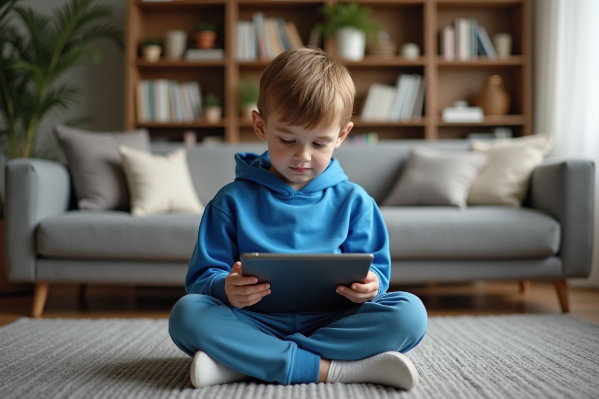 Jeune garçon concentré avec tablette dans un salon moderne