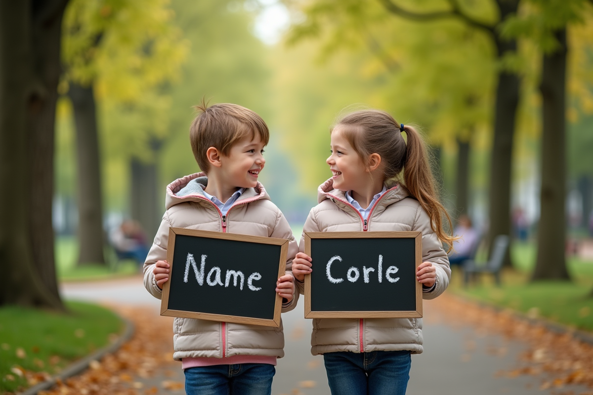 Garçon et fille avec ardoises dans un parc verdoyant