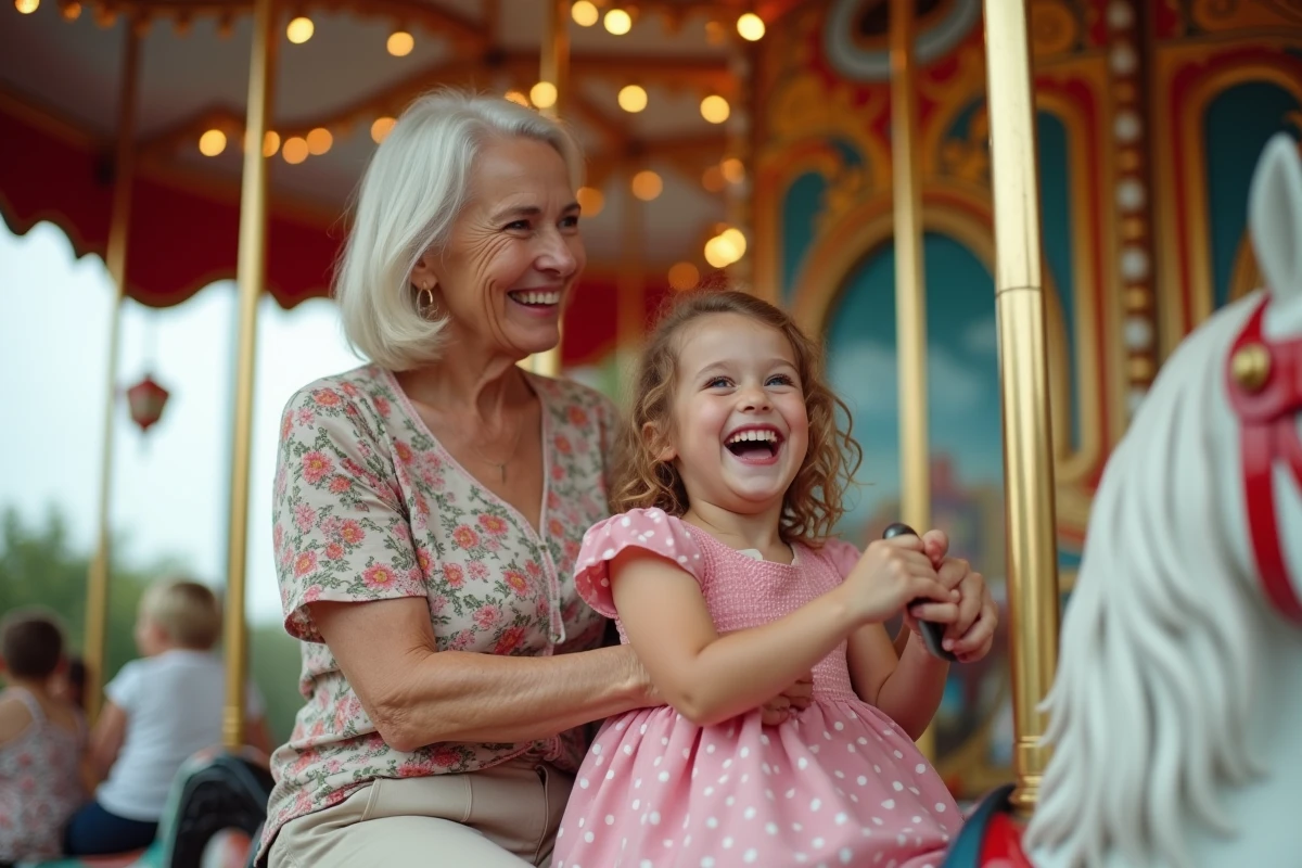 Grand-mère et petite-fille riant ensemble sur un manège coloré à PortAventura