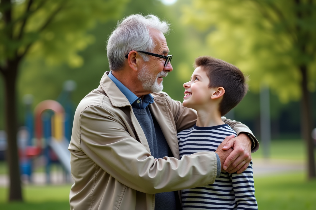 Grand-pere et jeune garçon dans un parc verdoyant