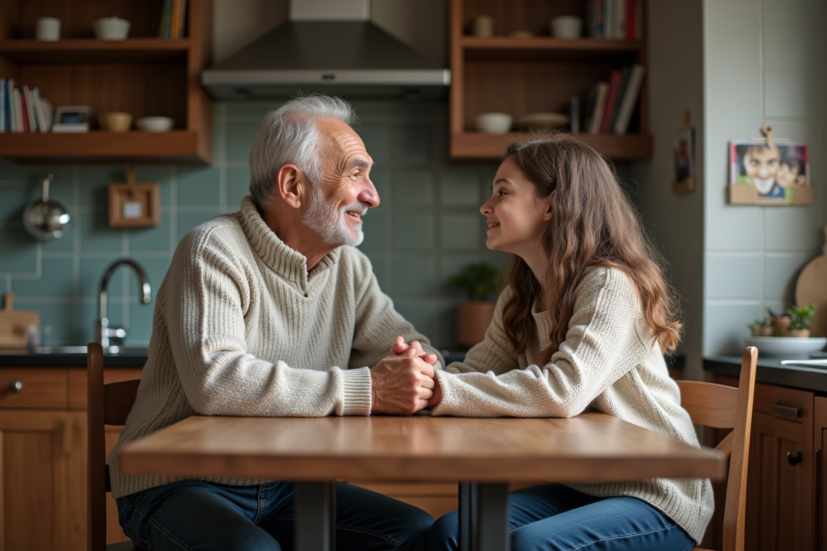 Grand-pere et petite fille partageant un regard tendre