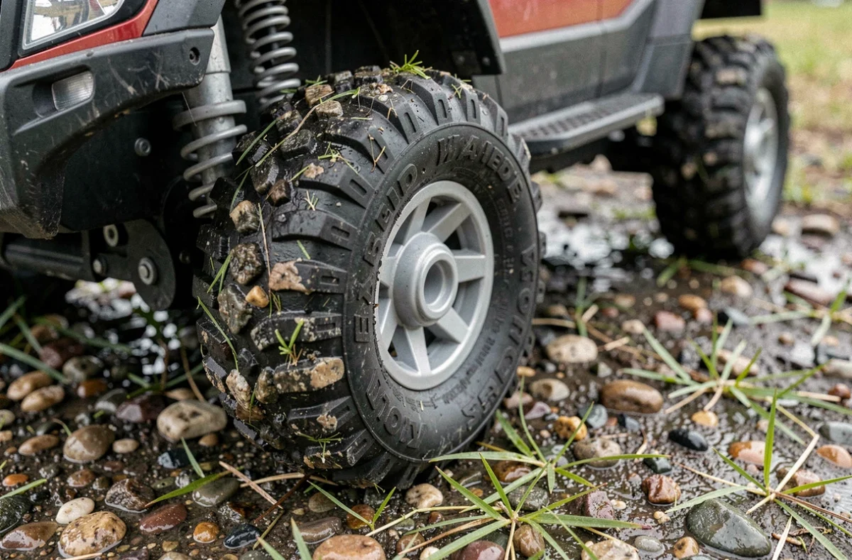 Gros plan sur le pneu et la suspension d'une voiture enfant tout-terrain sur terrain mixte gravier et herbe humide