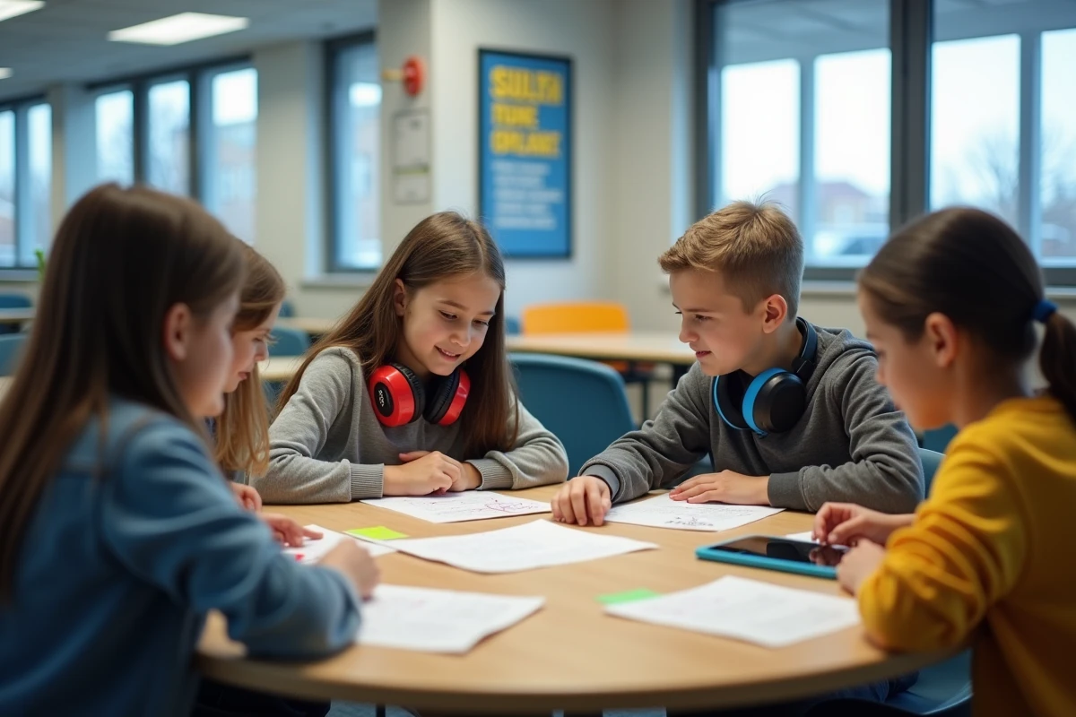 Groupe d'élèves du collège travaillant ensemble dans un espace inclusif moderne, illustrant les alternatives collectives à la classe ULIS en 2026