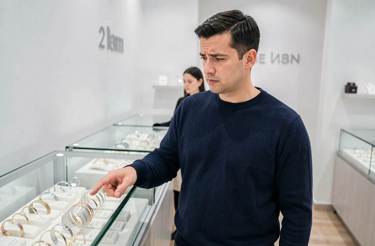 Homme hésitant dans une bijouterie devant un présentoir de bracelets, illustration du choix difficile d'un cadeau de naissance pour une maman