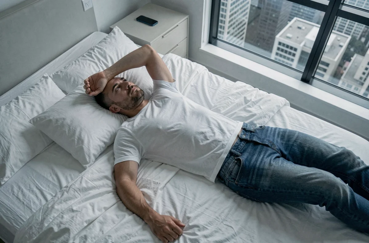 Homme allongé sur son lit en appartement moderne, regard perdu au plafond, symbolisant la distance émotionnelle dans une relation