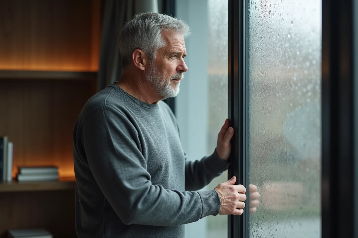 Homme songeur près d'une fenêtre pluvieuse dans un appartement moderne, préservation de la vie privée et intimité