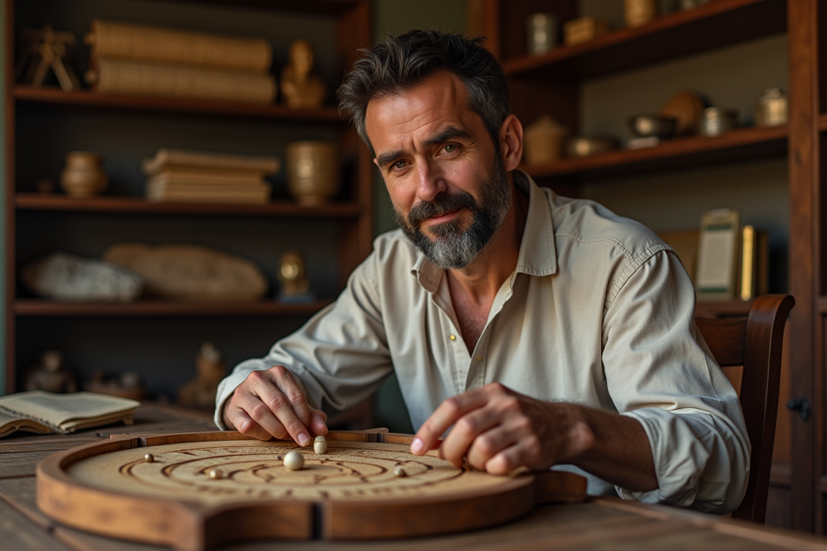 Homme d'âge moyen jouant au senet sur un plateau ancien