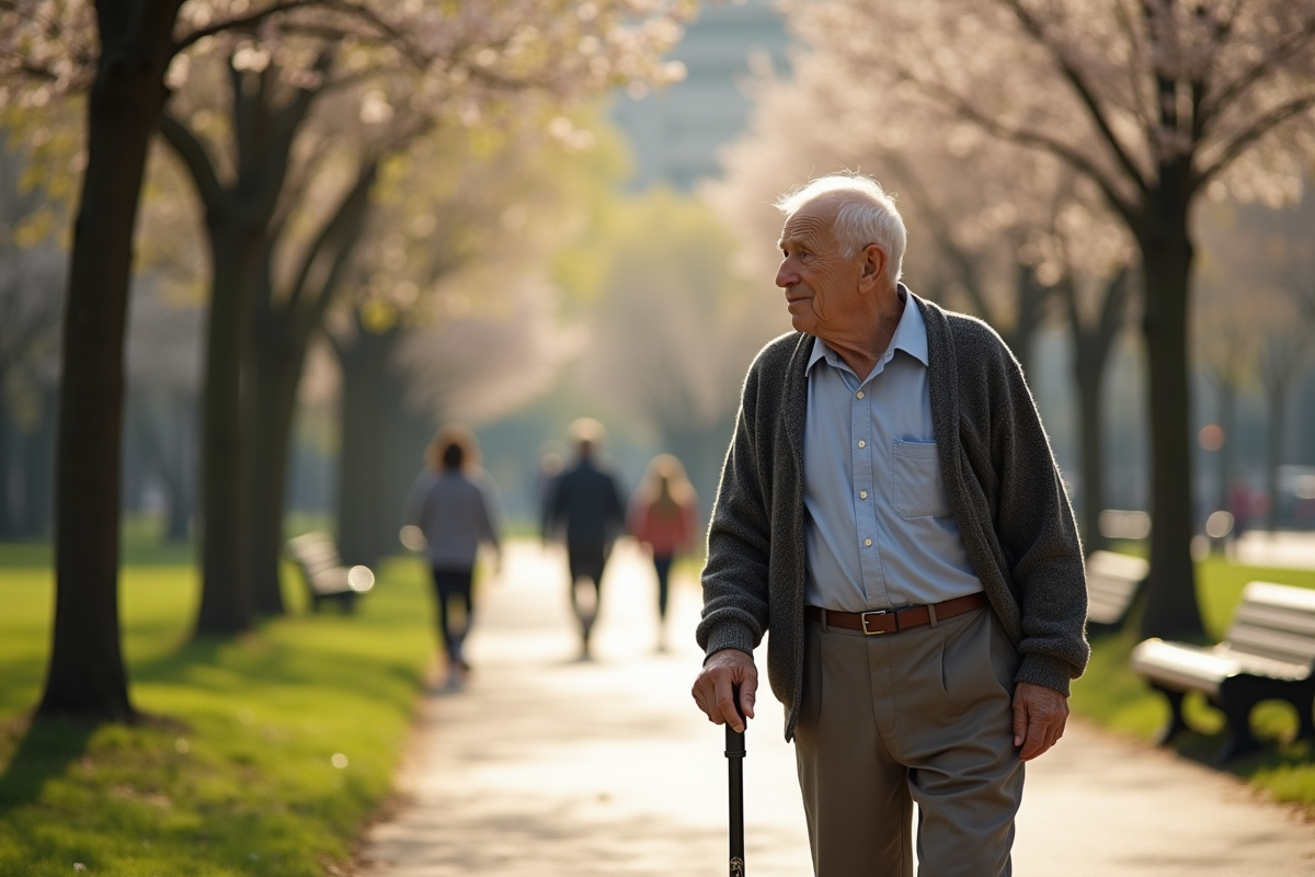 Homme âgé marchant dans un parc urbain au printemps