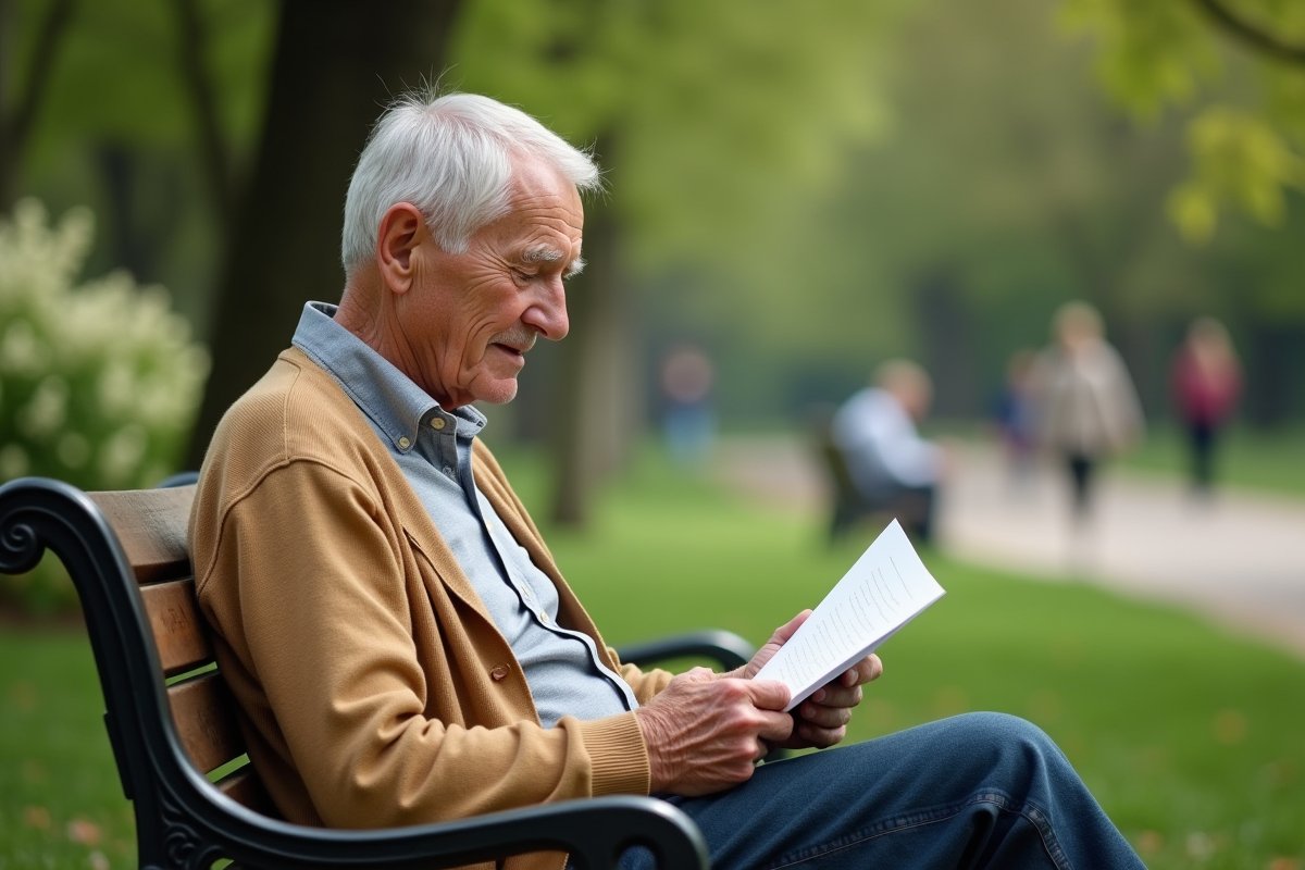 Homme âgé lisant une lettre dans un parc