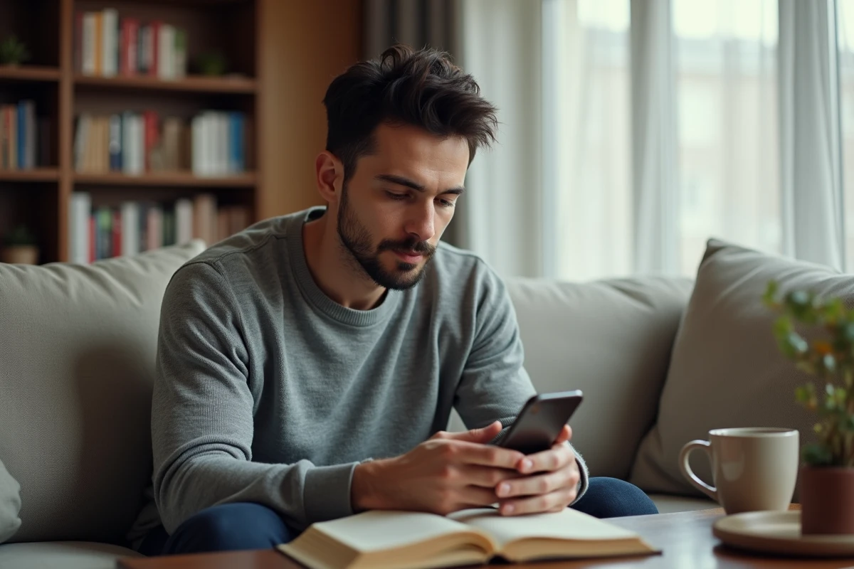 Homme pensif consulant son téléphone dans un salon moderne, évoquant la gestion de la vie privée face à l'exposition médiatique