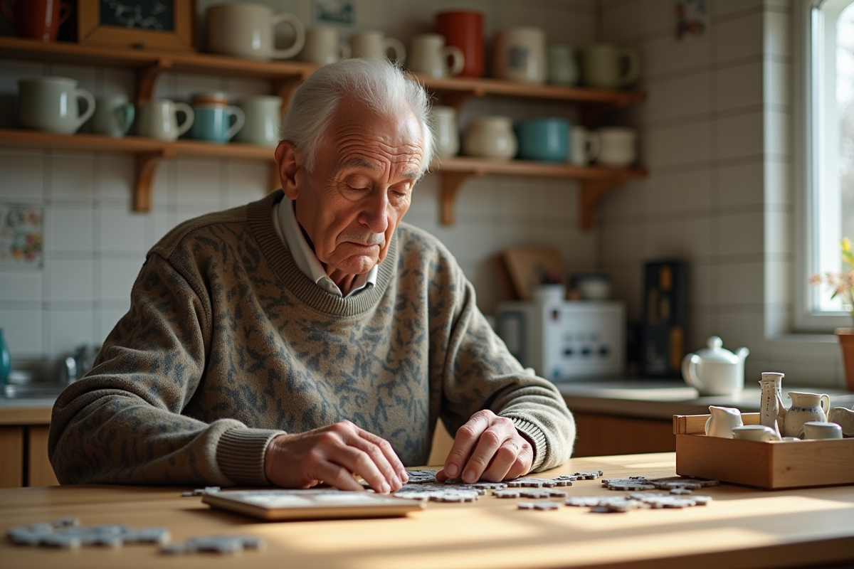 Homme âgé assemblant un puzzle dans la cuisine