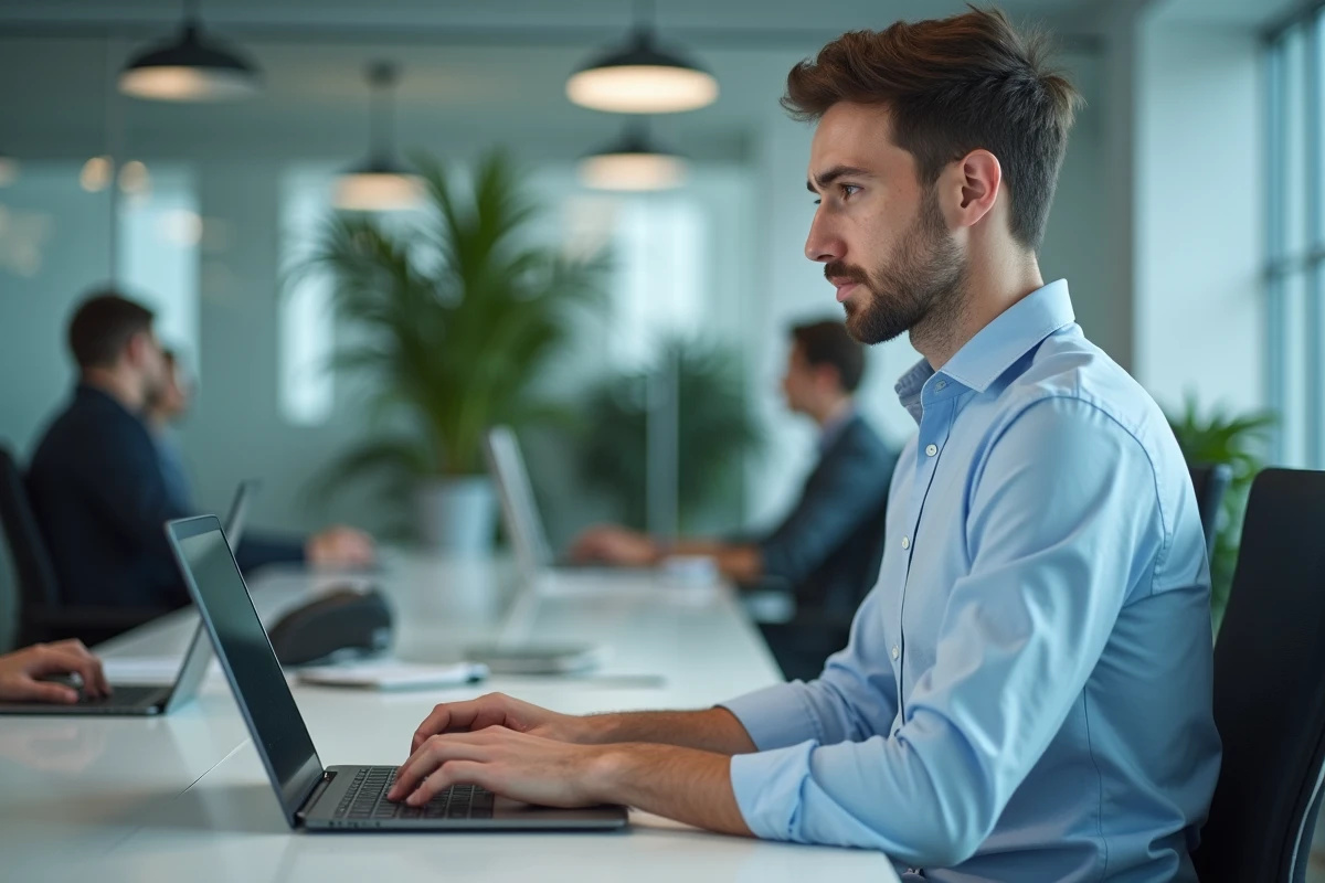 Homme rédigeant une lettre de congé parental sur ordinateur portable au bureau