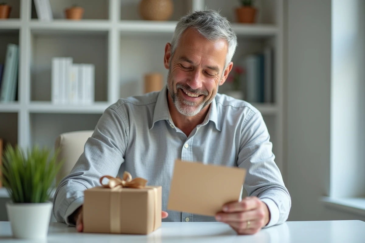 Homme lisant un mot de remerciement accompagnant un cadeau inattendu dans un bureau moderne et épuré
