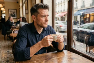 Homme seul dans un café parisien, regard perdu par la fenêtre, illustrant la peur de l'engagement amoureux