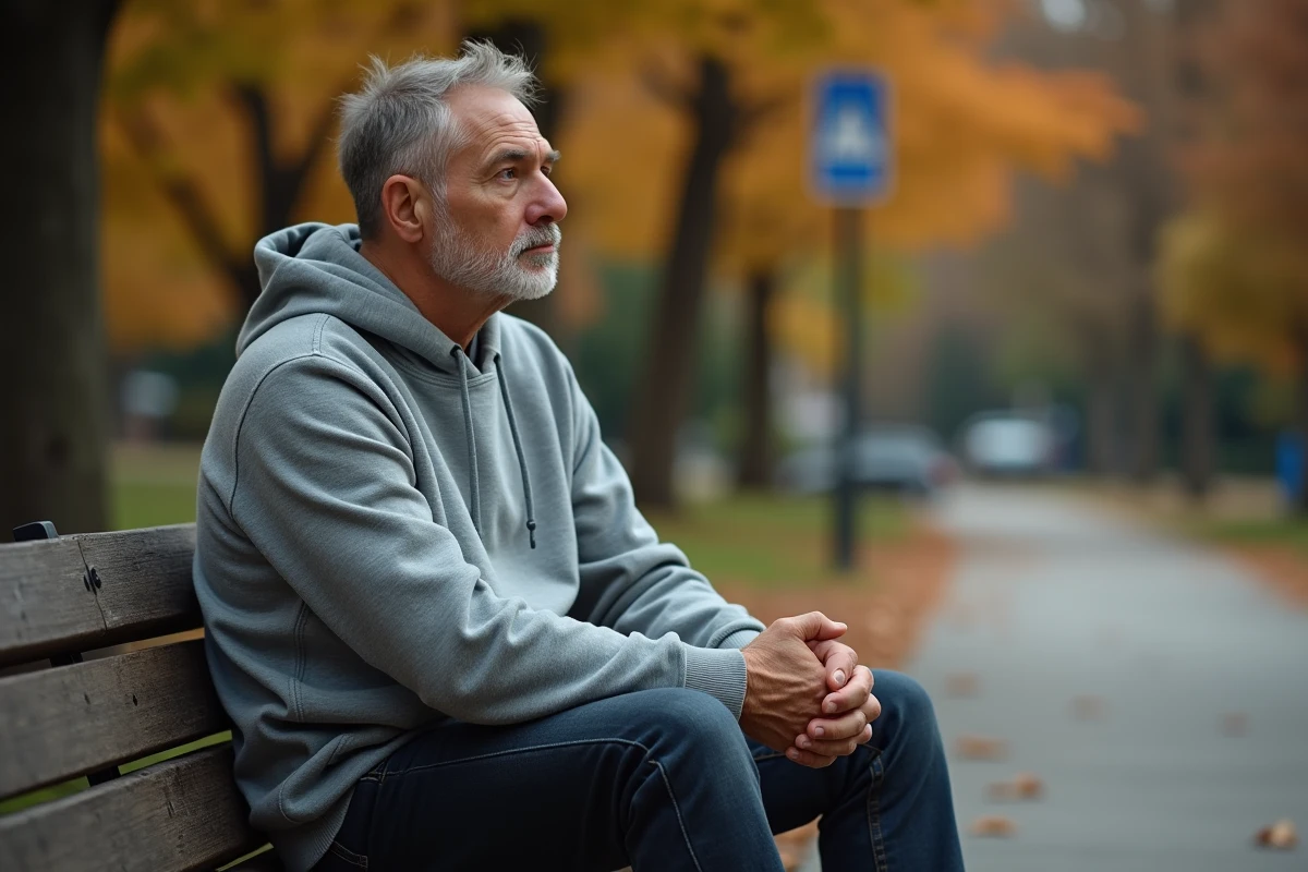 Homme seul assis sur un banc dans un parc en automne, évoquant la solitude et la vie privée d'une célébrité masculine