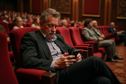Homme d'âge moyen regardant son smartphone au théâtre