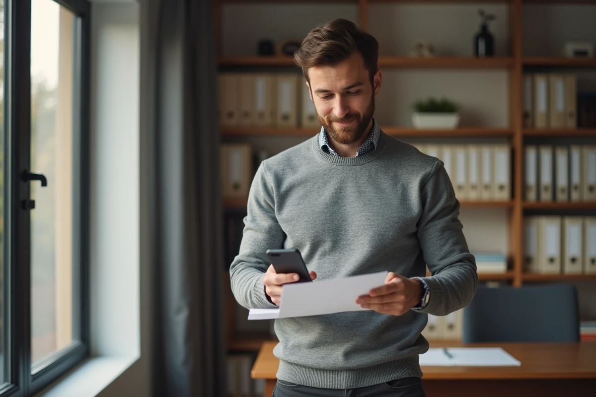 Homme consultant un document et téléphonant depuis son bureau à domicile pour joindre l'Agence Paie SNCF