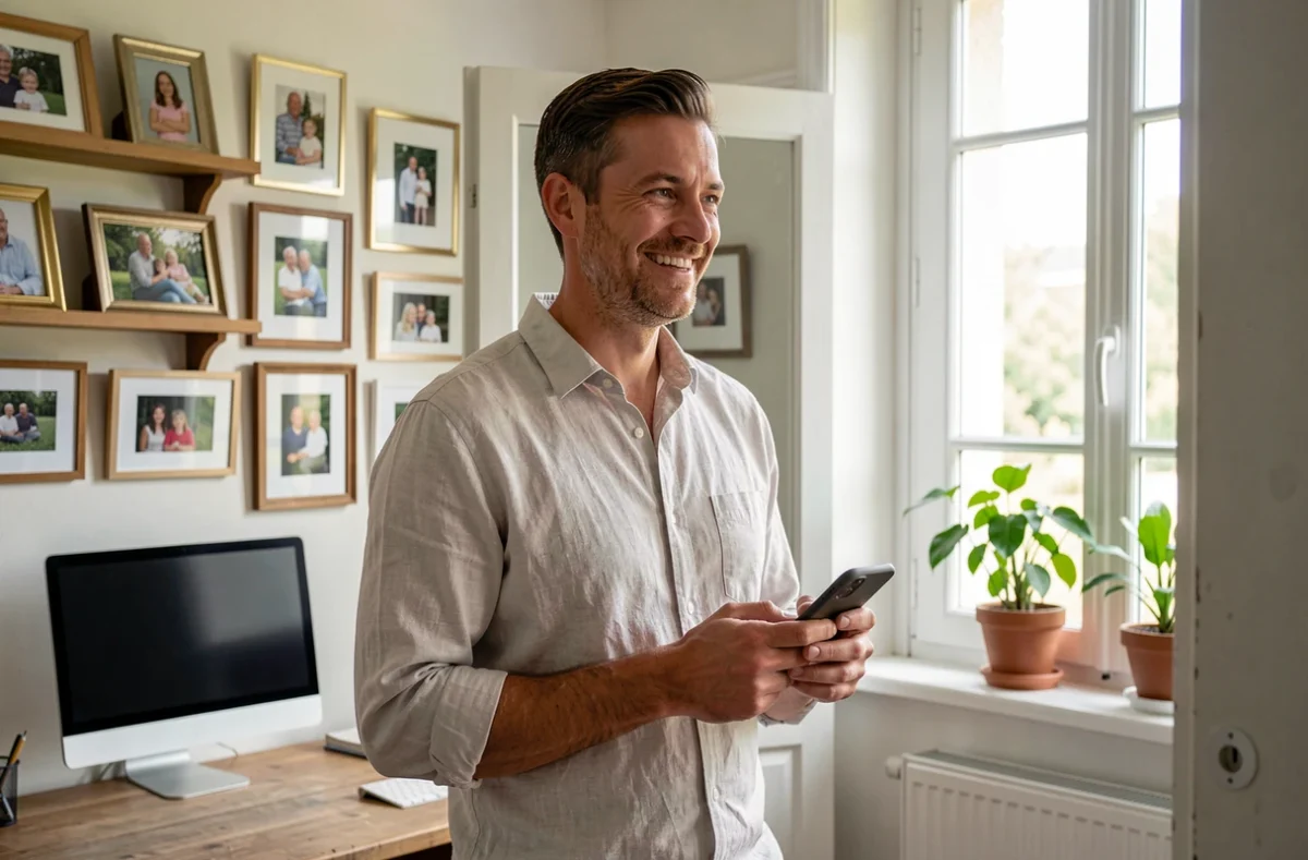 Homme en télétravail dans un bureau à domicile équilibrant vie professionnelle et familiale