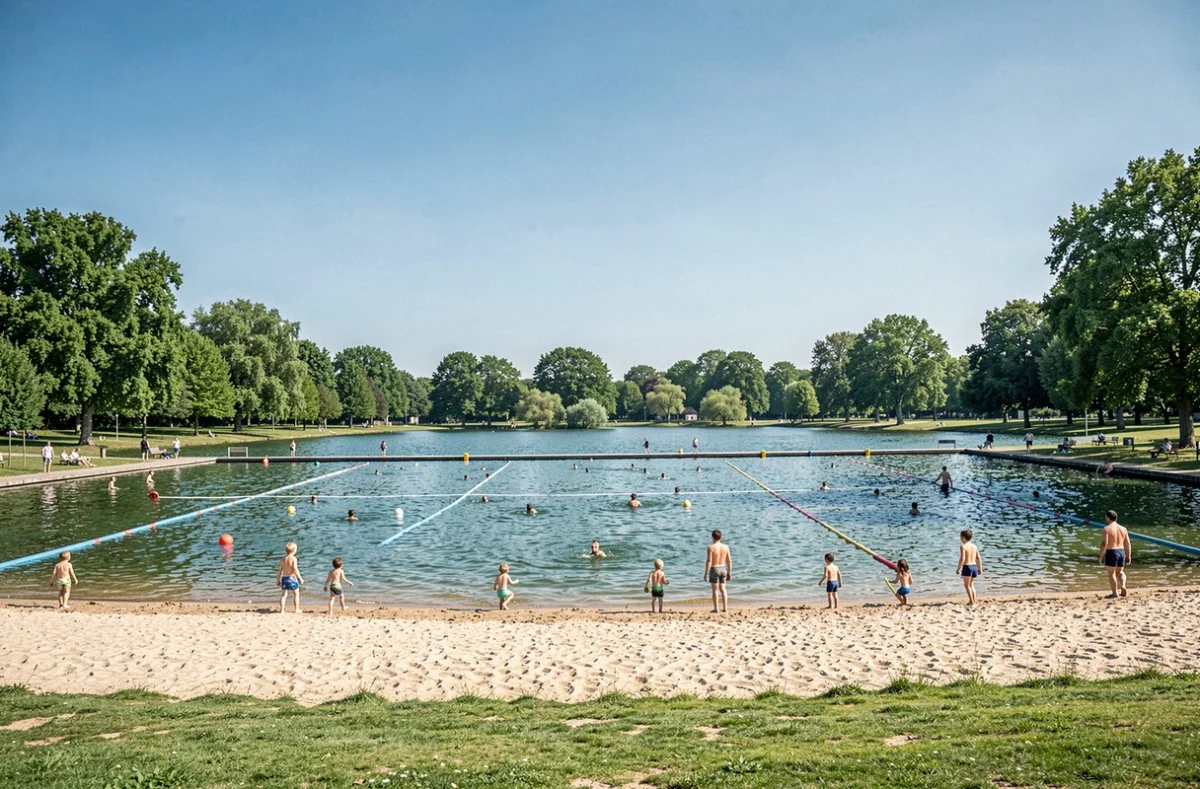 La plage et la zone de baignade de l'Île de Loisirs de Créteil par une journée ensoleillée