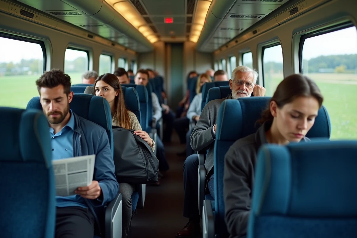 Intérieur bondé d'un TGV avec voyageurs pendant une période de vacances scolaires en France
