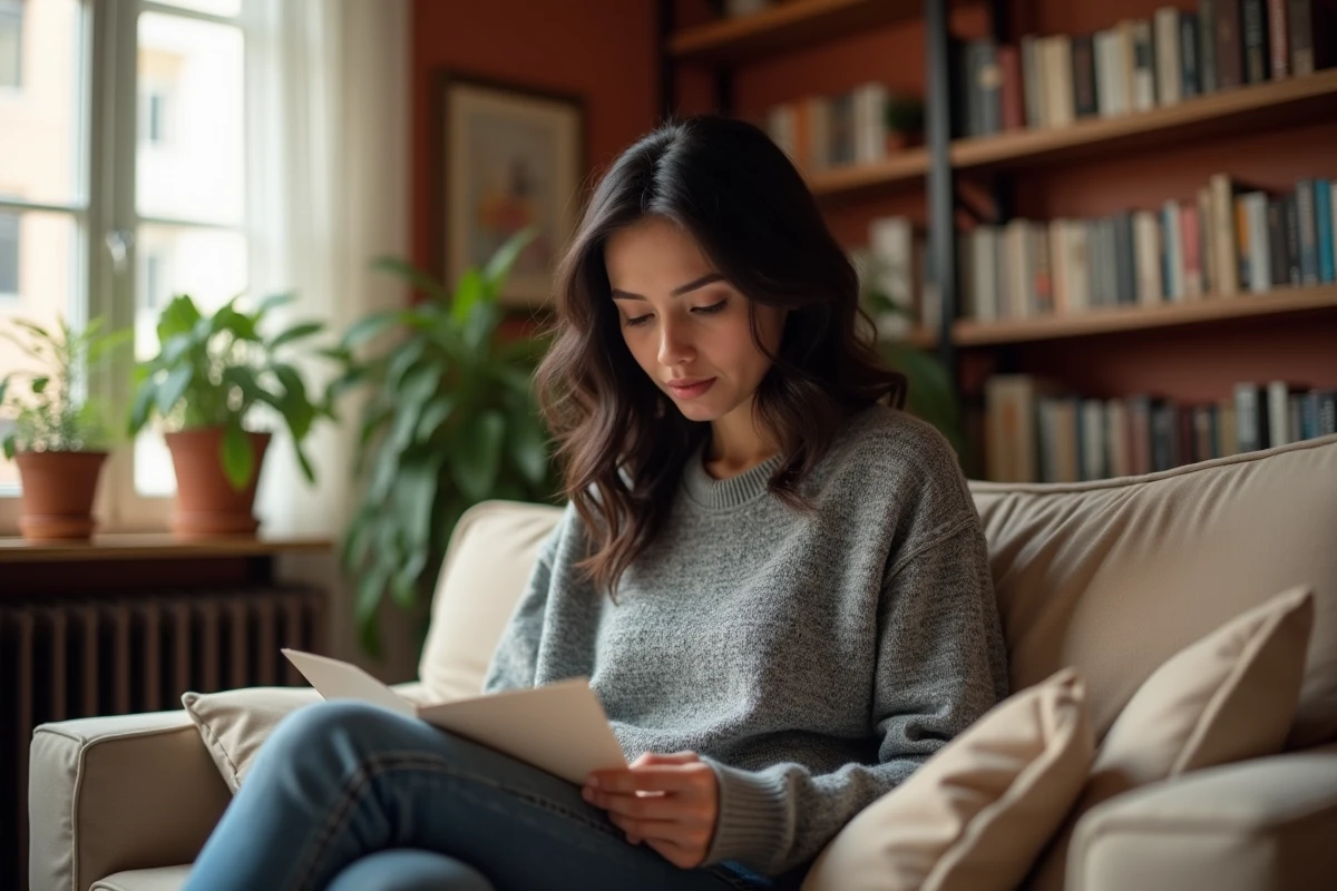 Femme lisant une lettre dans son appartement privé avec une expression pensif et protégée, évoquant la tension entre vie intime et exposition publique pour une personnalité médiatique