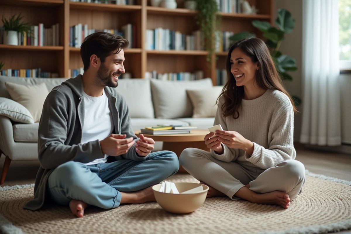 Deux nouveaux amoureux jouant à un jeu de questions chez eux sur le sol du salon