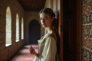 Jeune femme en robe 17e siècle tenant une clé antique