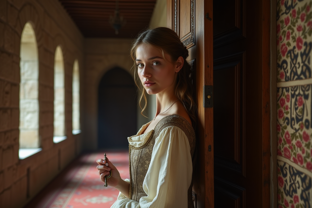 Jeune femme en robe 17e siècle tenant une clé antique