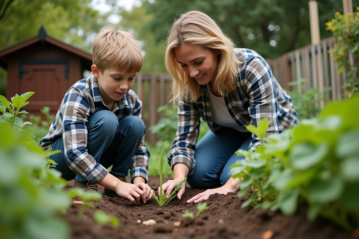 Adolescent aidant sa mère à transplanter des plants dans le jardin