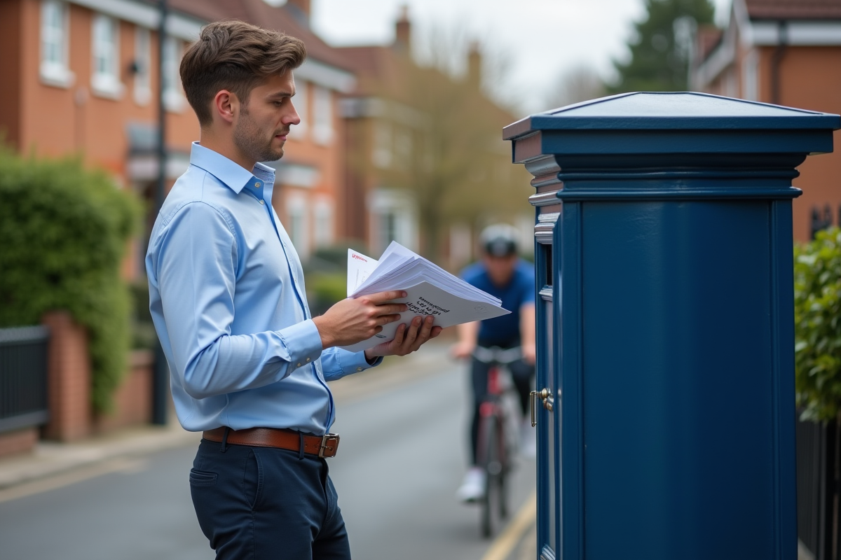 Jeune homme postant des enveloppes dans une boîte aux lettres
