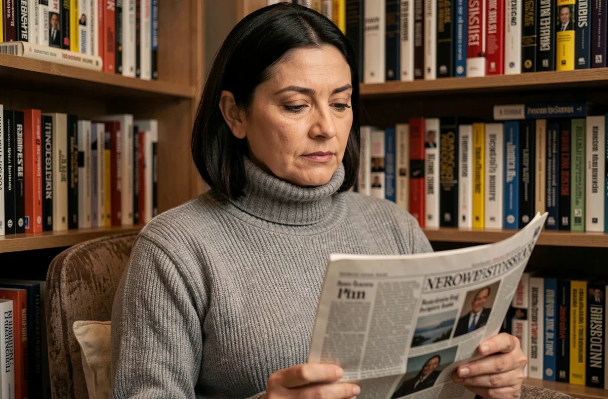 Femme journaliste lisant des documents dans un espace intime entouré de livres, atmosphère réfléchie et discrète