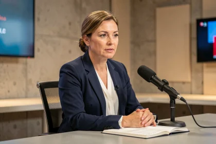 Journaliste femme assise dans un studio de presse moderne, posture professionnelle et regard assuré face à un micro