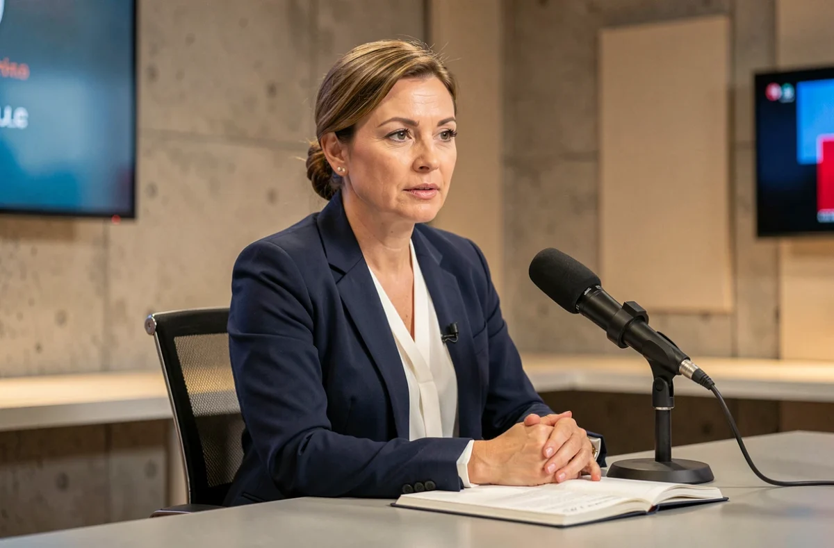 Journaliste femme assise dans un studio de presse moderne, posture professionnelle et regard assuré face à un micro