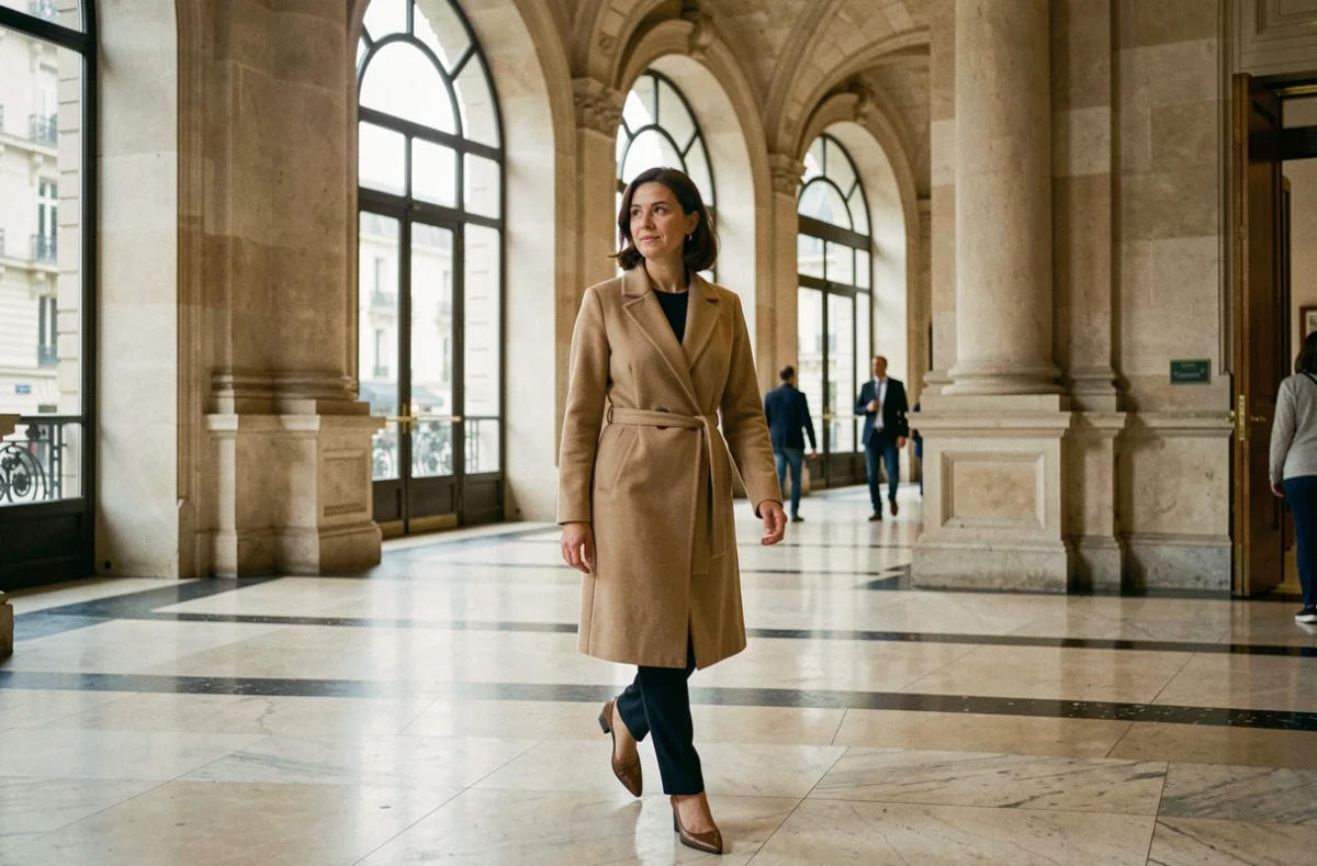 Femme journaliste marchant dans le hall d'un grand bâtiment médiatique parisien, ambiance documentaire et professionnelle