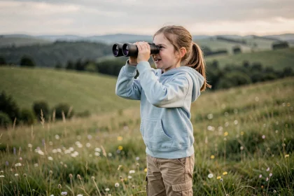 Jeune fille utilisant des jumelles enfant réglables dans un pré verdoyant, regardant au loin avec curiosité