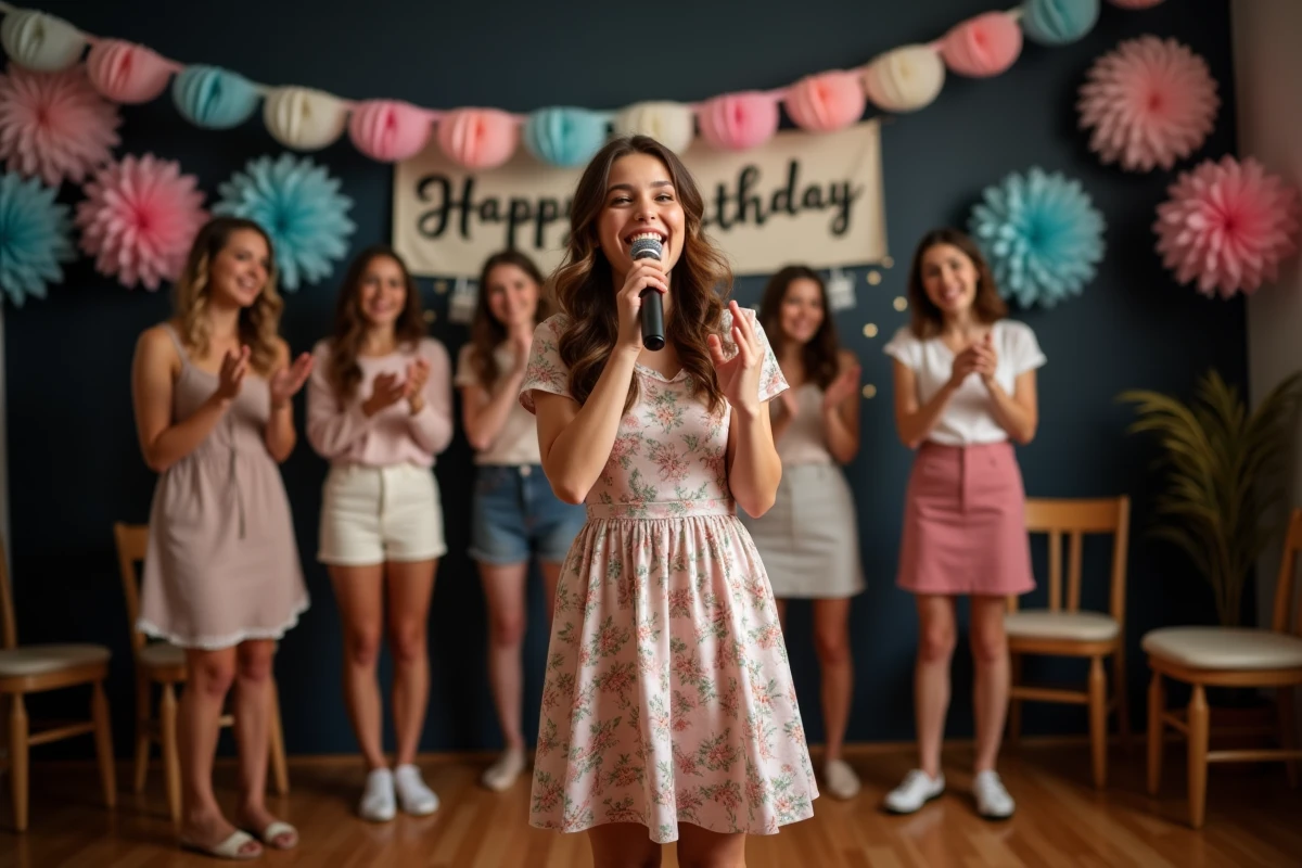 Jeune femme de 18 ans chantant au karaoké lors d'une animation d'anniversaire festive sans alcool