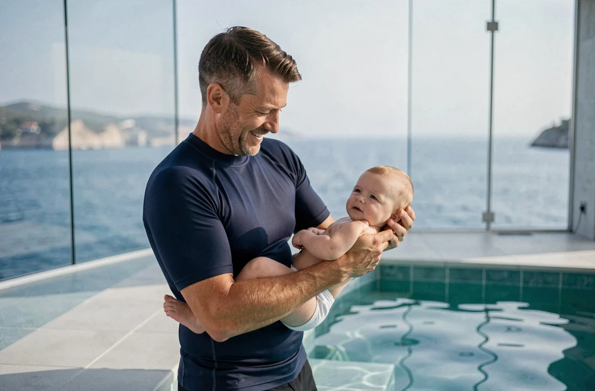 Physiothérapeute marin guidant un bébé dans une piscine thérapeutique de Kineocean sur la Côte d'Azur