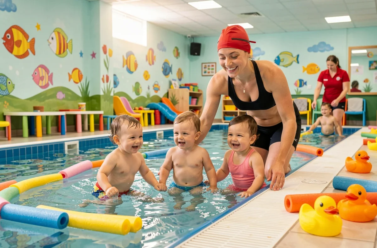 Instructrice animant un cours de bébés nageurs en groupe dans la piscine du Petit Nageur à Marseille