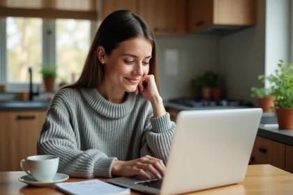 Jeune femme consultant une liste de naissance minipouce sur son ordinateur portable dans une cuisine moderne