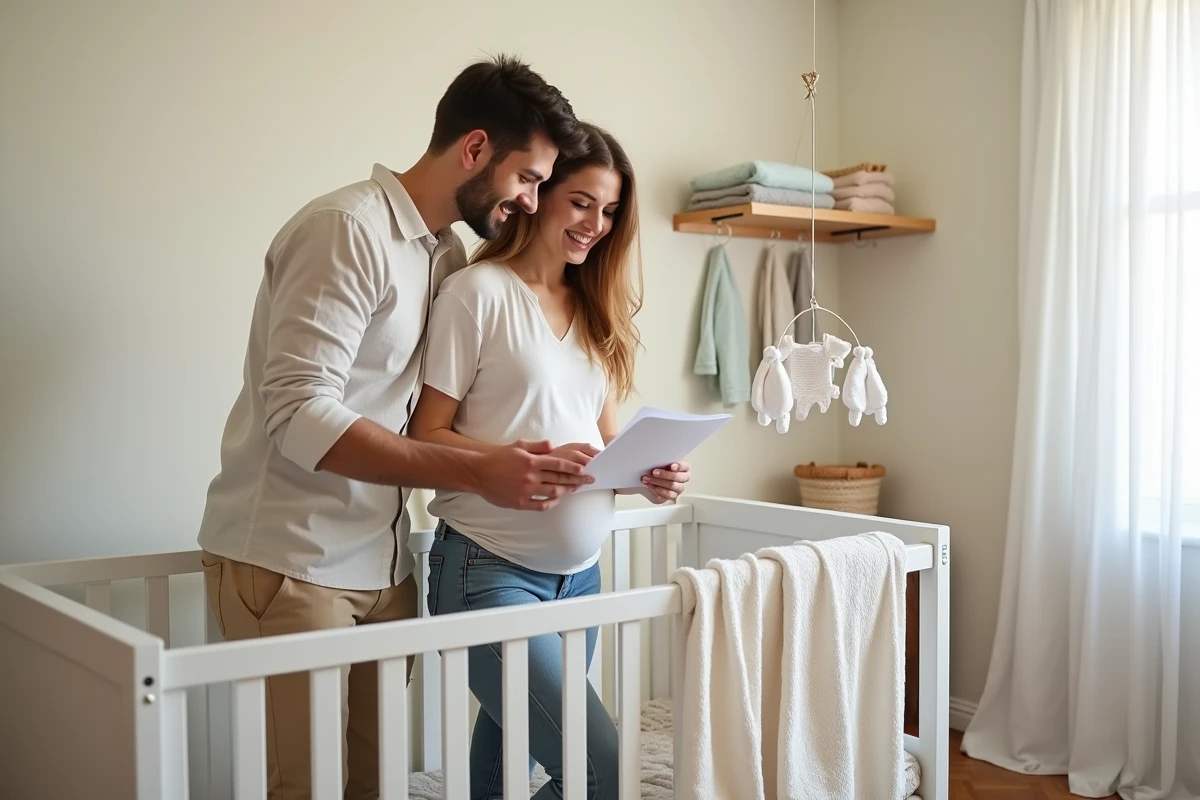 Couple de futurs parents examinant leur liste de naissance minipouce dans une chambre bébé décorée
