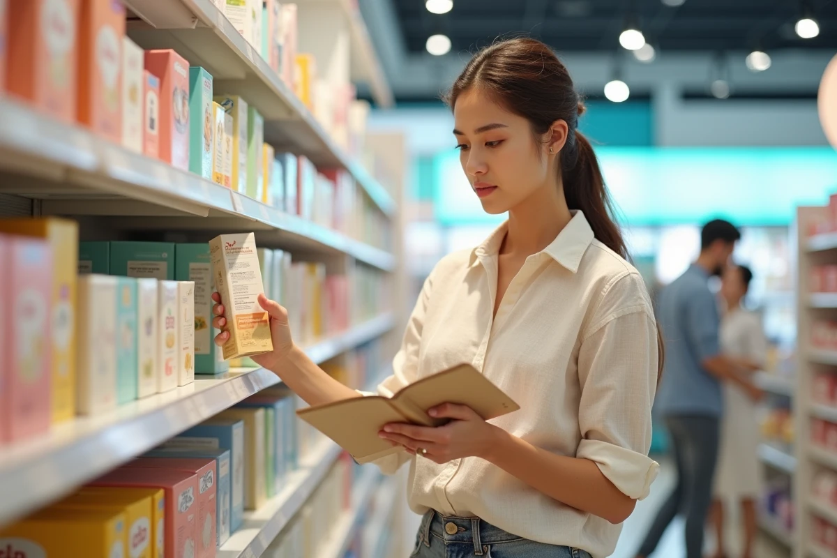 Jeune femme comparant des produits en magasin pour compléter sa liste de naissance minipouce